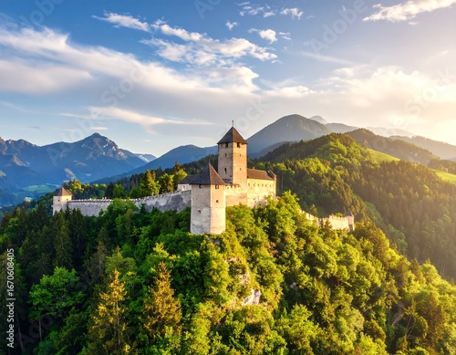 Mountain castle at sunset