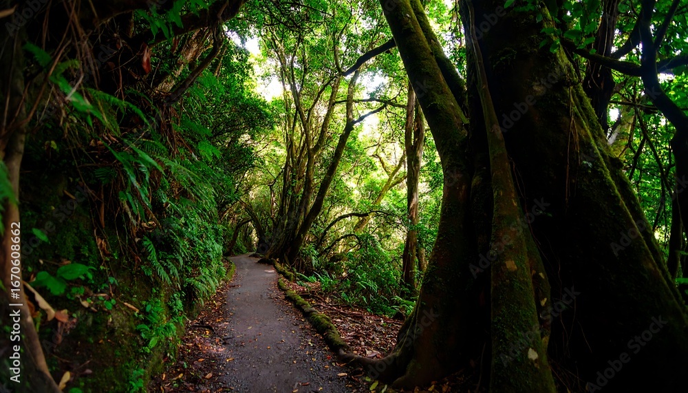 Obraz premium A paved path winds through a lush, verdant forest, lined with towering trees and abundant greenery.