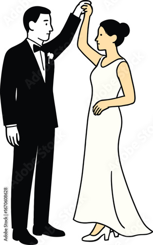 Wallpaper Mural Elegant wedding couple dancing illustration, bride in white dress and groom in black tuxedo, romantic celebration, marriage ceremony, love, partnership. Torontodigital.ca