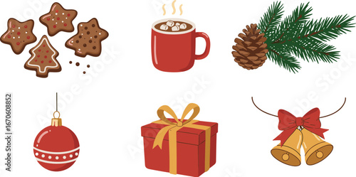 Christmas themed illustration with cookies, hot chocolate, pinecone, gift, ornament, and bells on transparent background