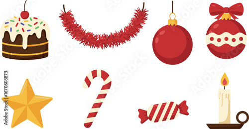 Christmas decorations: cake, garland, ornaments, star, candy cane, wrapped candy, and candle on transparent background