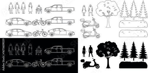 Architectural Vector Asset Pack Line Art and Silhouettes of People, Vehicles, and Plants for Design, CAD Drawings, and Graphic Projects