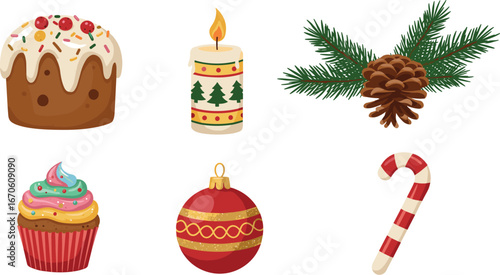 Christmas and holiday themed treats and decorations on transparent background