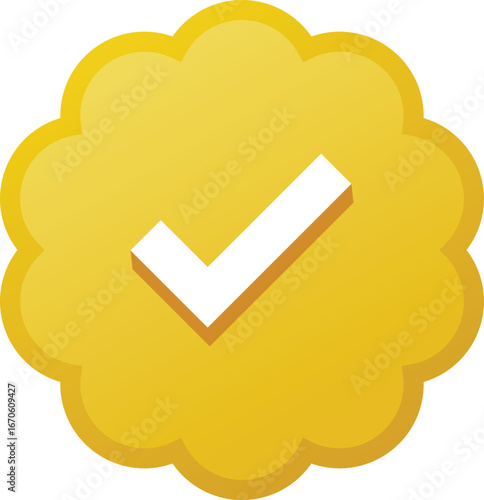 Gold verified badge with check mark, flat vector illustration of approval and verification emblem, round scalloped shape icon for certification, social media verification, premium account and trust