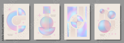 Abstract modern gradient poster vector set with Bauhaus pattern. Minimalist geometric colorful cover templates for interior design, social media, cover, banner, flyer, ads. Vector illustrations.