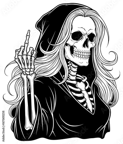 Female Grim Reaper skeleton svg with flowing hair and a middle finger gesture, a bold and rebellious vector illustration with a gothic aesthetic.