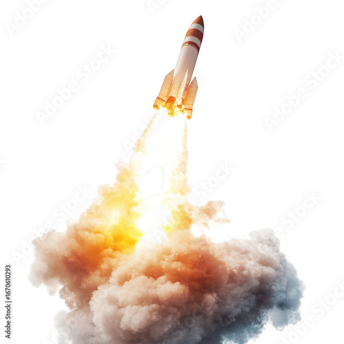 Powerful rocket ascending skyward emitting fiery exhaust and billowing smoke during launch transparent background