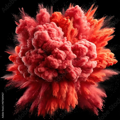 Bright red explosion of smoke and dust in a dark background showcasing powerful energy