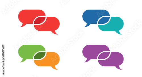 Four pairs of overlapping speech bubbles in red, blue, green and purple on a plain presentation area
