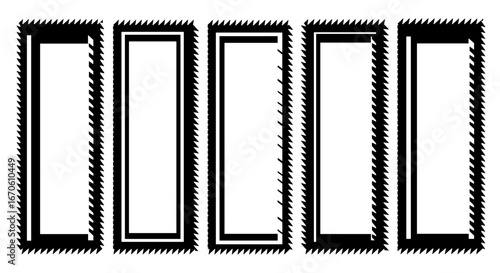 Five vertical rectangular shapes with jagged edges and inner frames are displayed in a row design