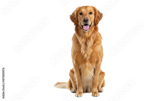 A photorealistic adult Golden Retriever dog with warm golden fur sits patiently on a seamless transparent studio background, looking at camera, soft high-key light. Companionship and loyalty concept