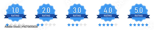 Collection of blue rating badges with stars from 1.0 to 5.0. Flat design review icons for feedback, ranking, performance, evaluation, customer satisfaction, quality check, and digital use.