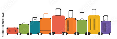 A collection of colorful suitcases lined up in a row against a plain white background illustration