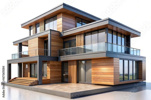 Modern luxury wooden house with large windows and balconies isolated on white background