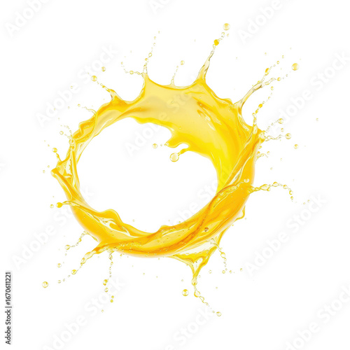 Yellow lemon liquid splash creating a circular shape on white background  