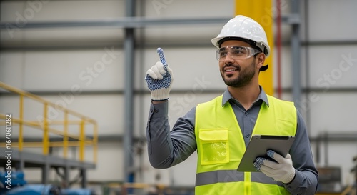 A construction worker in safety gear holding a tablet pointing upwards now