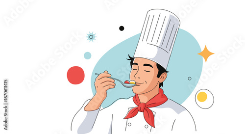 Illustrative depiction of a chef tasting a spoonful of delicious food with closed eyes experiencing culinary delight and flavor