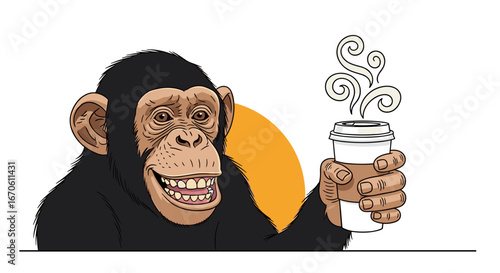 A smiling chimpanzee holding a steaming cup of coffee enjoying its morning beverage enthusiastically
