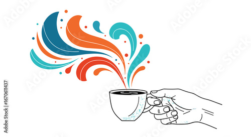 A hand holds a cup of coffee with colorful steam rising and swirling creating a vibrant abstract design
