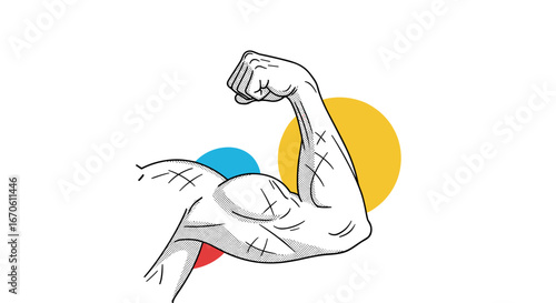 Illustrative hand drawn bicep muscle flexing showing strength and power with colorful abstract circles in the background a symbol of vitality and health