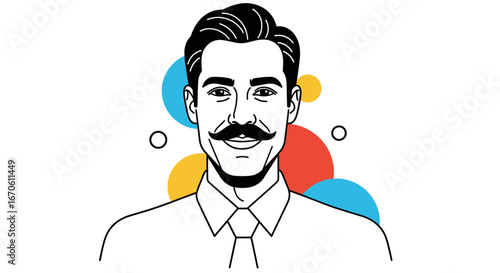 A stylized line drawing portrait of a smiling man with a prominent mustache and colorful circles in the background