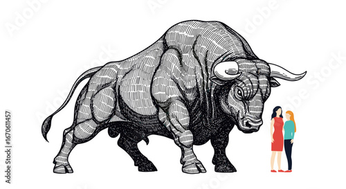 Massive muscular bull towering over two small women in a confrontational stance