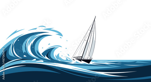 A sailboat navigating through a large blue wave on a bright day with clear skies above the ocean water