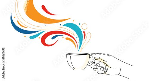 Creative abstract swirls of color emanate from a hand holding a coffee cup symbolizing inspiration and ideas