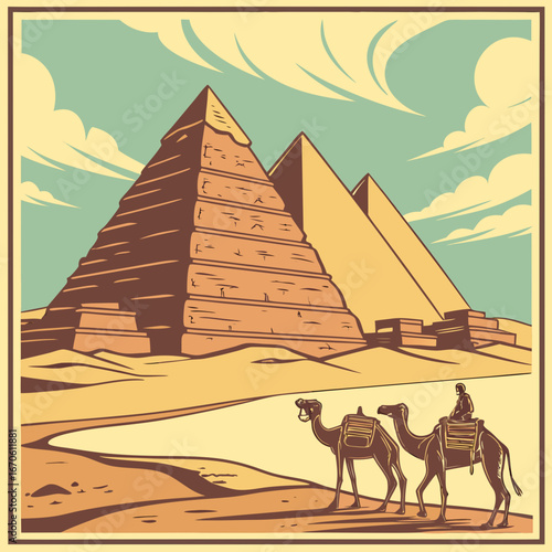 Egyptian Giza pyramids at sunset, with a camel walking through the sandy desert landscape