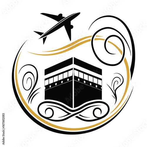 Islamic pilgrimage travel concept featuring the kaaba in mecca with an airplane and decorative swirling lines symbolizing a spiritual journey