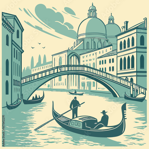 A stylized vector drawing of a gondola traveling down Venice's Grand Canal past iconic European architecture