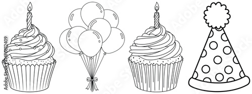 Birthday vector illustration featuring cupcakes with candles festive balloons and decorative party hat created in clean black and white outline style for celebration graphics