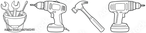 Tools vector illustration set including bucket with wrenches cordless drills and hammer designed in clean black and white outline style for construction and repair graphics