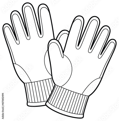 Gloves illustration featuring a pair of warm hand coverings with ribbed cuffs in a simple cartoon line art style ideal for winter fashion and clothing designs