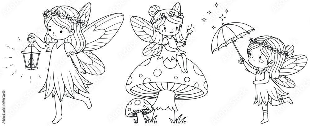 Naklejka premium Fairy illustration with three cute fairies holding lantern wand and umbrella in playful cartoon line art style perfect for fantasy magical creature and kids story artworks