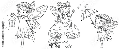 Fairy illustration with three cute fairies holding lantern wand and umbrella in playful cartoon line art style perfect for fantasy magical creature and kids story artworks
