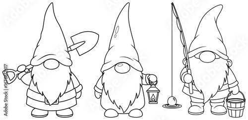 Gnome illustration with three cute gnomes holding shovel lantern and fishing with bucket in cartoon line art style perfect for fantasy folklore and kids story artworks
