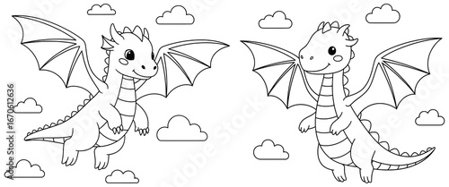Dragon illustration with two cute flying dragons and clouds in playful cartoon line art style perfect for fantasy creature mythology and kids story themed artworks
