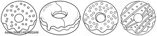 Donut illustration with four different icing and topping designs in simple cartoon line art style perfect for food dessert bakery and sweet snack themed artworks