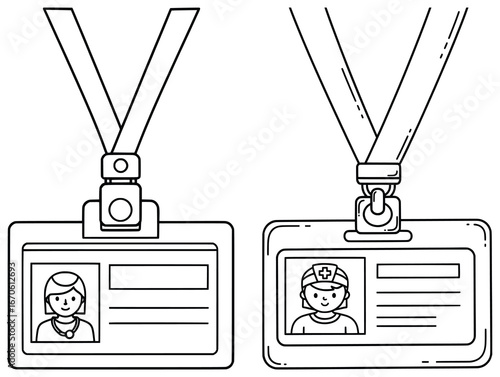 Medical illustration with doctor and nurse ID badges on lanyards in simple cartoon line art style perfect for healthcare hospital and professional identification themed designs