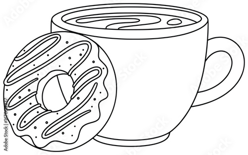 Coffee illustration with hot cup saucer steam and cinnamon stick in simple cartoon line art style perfect for cafe menu design and beverage themed artworks
