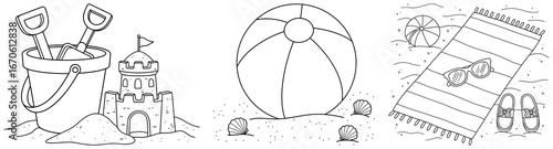 Beach illustration featuring sandcastle bucket shovels seashells towel sunglasses shoes and ball in cartoon line art style for summer holiday theme