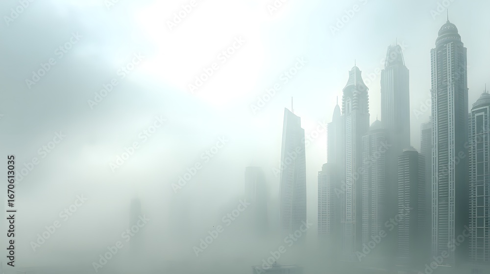Fototapeta premium Skyscrapers shrouded in a thick fog, creating a muted, atmospheric scene in a modern cityscape.