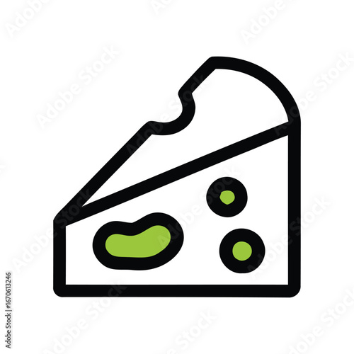 A wedge of cheese with green mold and a bite taken out of it on a white background illustration