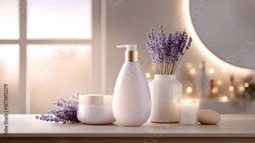 Elegant lavender-scented skincare products displayed on a light wooden surface, bathed in warm, inviting light.