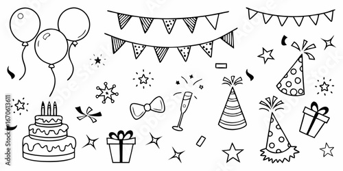 Collection of hand drawn doodle elements for birthday and party celebrations including cake balloons gifts and confetti
