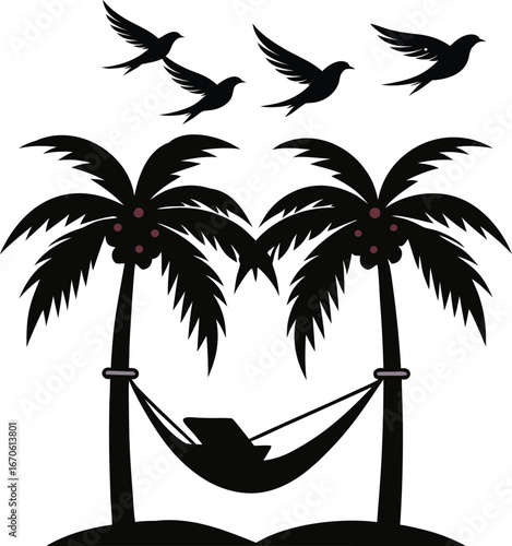 Four birds flying over palm trees