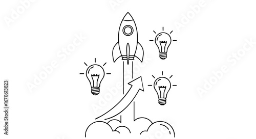 Dynamic illustration of a rocket launching with glowing light bulbs and an upward arrow, symbolizing startup success and innovative business growth