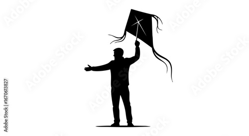 Simple yet powerful silhouette depicting an individual with a kite, embodying the carefree spirit of play and the pursuit of dreams