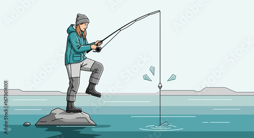 Woman Fishing In A River Stream On Rock In Peaceful Outdoor Illustration